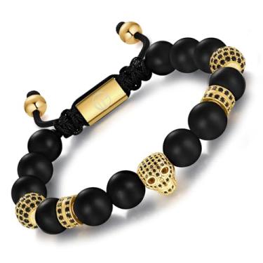 Imagem de WP WEPICK Pulseiras masculinas de ouro banhado a ouro 18 quilates de aço inoxidável cabeça de leopardo olho de tigre contas de ônix pretas feitas à mão pulseira masculina ajustável presente de