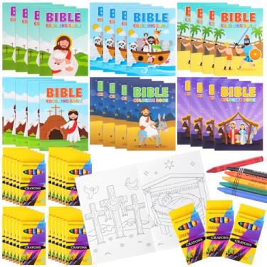 Imagem de Gilprop 24 conjuntos de livros de colorir bíblicos a granel com giz de cera, pequeno livro de desenho religioso, pintura cristã para crianças, lembrancinha de festa bíblica, presente para escola