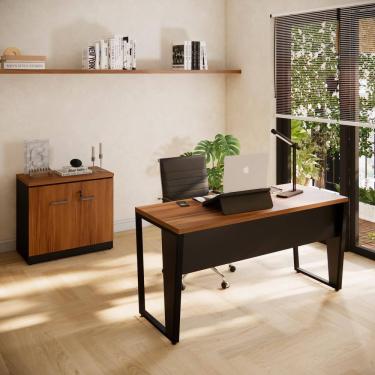 Imagem de Conjunto Escritório Office Escrivaninha e Armário Baixo 2 Portas com Chave Cor Marrom/Preto - Yaris