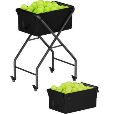 Imagem de Ardier Carrinho Hopper de bola de tênis comporta 175 bolas de tênis ou 140 bolas de pickleball, suporte de colecionador portátil com rodas, suporte de cesta de beisebol dobrável para treinamento e