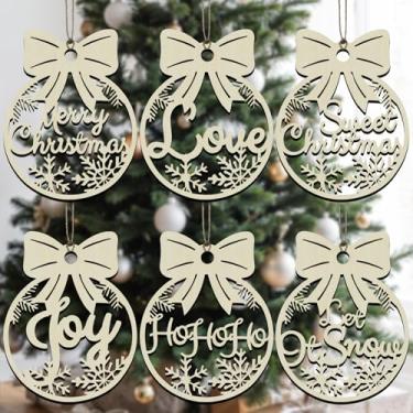 Imagem de ElasignShopo 24 peças de enfeites de madeira de Natal rústicos cortados a laser decorações de árvore de férias com palavras bolas de madeira para guirlanda de árvore de Natal, decoração de casa, Feliz