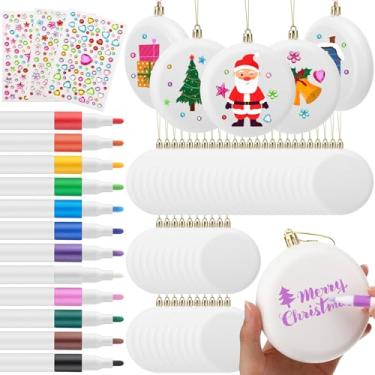 Imagem de Syhood Conjunto de 48 peças de enfeites de bola branca em branco de Natal de 10 cm, ornamentos de discos planos foscos, faça você mesmo, decoração de árvore de Natal com marcadores de tinta acrílica