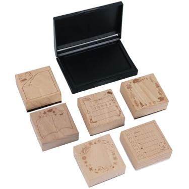 Imagem de 6 carimbos de madeira com bloco de tinta, conjunto de carimbos de borracha decorativos, carimbos de planos e horários para lista de tarefas, agenda, agenda, cartas, scrapbook, cartões, artesanato