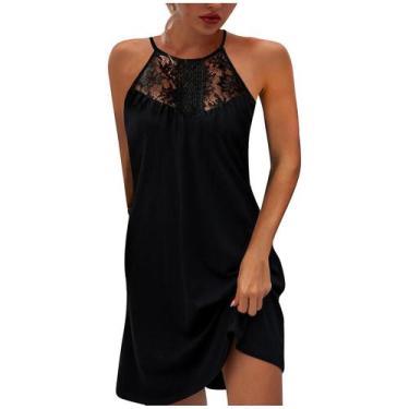 Imagem de Mulheres Verão Renda Sem Mangas O-neck Halter Sólidos Vestidos Curtos 