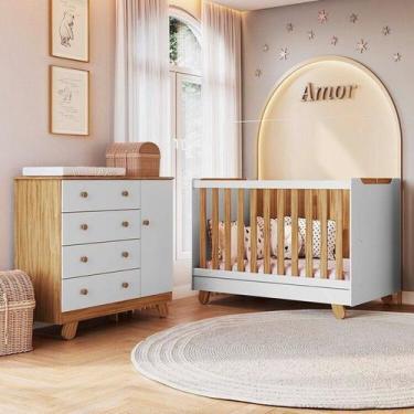 Imagem de Quarto de Bebê com Cômoda 4 Gavetas e Berço Minicama 4 em 1 Levy 100% 