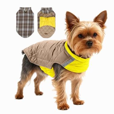 Imagem de Casaco acolchoado de inverno para cães, colete reversível forrado xadrez, faixa de segurança refletiva, roupa para animais de estimação para clima frio amarelo M