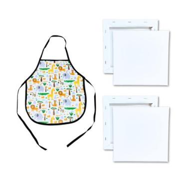 Imagem de 2 Telas Para Pintura 20x20cm e Avental Infantil Estampado Branco Kit -
