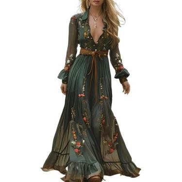 Imagem de Vestido feminino EEMEII de manga comprida, algodão boho, verde maxi