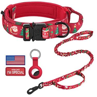 Imagem de DAGANXI Coleira tática para cães, coleira ajustável de nylon para treinamento militar com alça de controle e fivela de metal pesado para cães médios e grandes, com patches e estojo Airtags (M, conjunto vermelho de Natal)