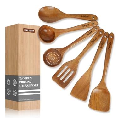 Imagem de Kit 6 Colher de Pau Utensílios de Cozinha Madeira Premium Leve Resistente Impactos e Calor