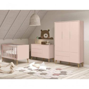 Imagem de Jogo De Quarto Para Bebê Completo 3 Portas Théo New Rosa Fosco Com Natural - Moveisaqui