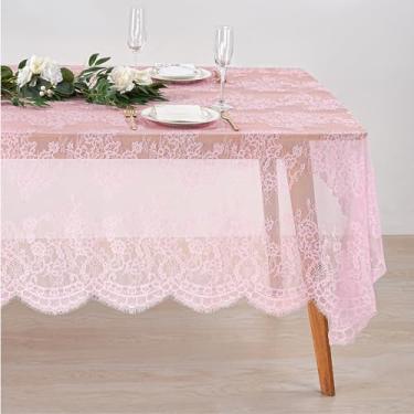 Imagem de Fanqisi Toalha de mesa de renda rosa 152 x 300 centímetros toalhas de mesa clássicas de renda de casamento sobreposta capa de mesa de festa para decoração de mesa de recepção de chá de panela