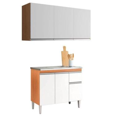 Imagem de Balcão De Pia Tatiane 100cm E Armário Aéreo Andréia 3 Portas Amêndoa Branco - Ajl