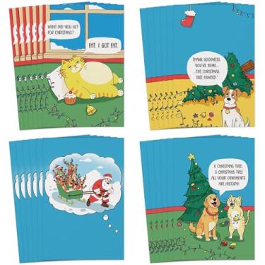 Imagem de Cartões de Natal engraçados em caixa - 24 cartões de Natal sortidos com envelopes e adesivos, 4 designs encantadores, desenhos animados, conjunto de presente de feriado para amigos da família e