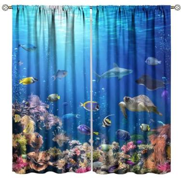 Imagem de Cortinas blackout animais oceânicos mundo subaquático tartaruga marinha tubarão coral peixe paisagem cortinas para quarto sala de estar cozinha café decoração (L53 x C 150 cm) x 2 painéis