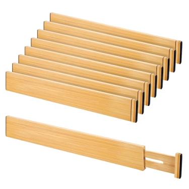 Imagem de Conjunto de 8 divisórias de gaveta de bambu, organizador de gaveta ajustável com mola (43 a 56 cm), 5,8 cm de altura, adequado para cozinha, mesa, banheiro, roupas e diversas organizações de gavetas