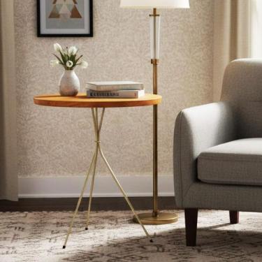 Imagem de Mesa Apoio Lateral Redonda Tripé Metal 60cm x 45cm Madeira Maciça Deco