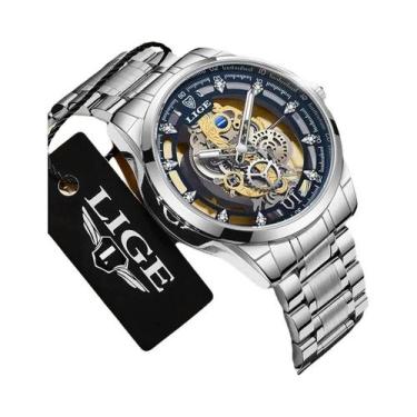 Imagem de Relógio De Pulso Quartz Esqueleto Dourado Para Homens LIGE Luxuoso Ret