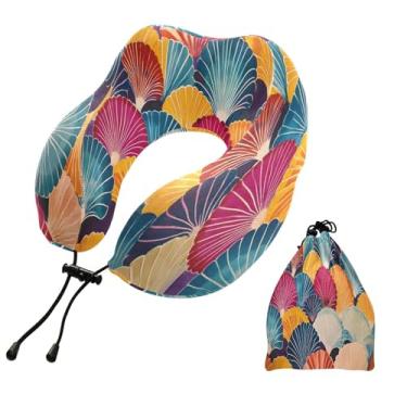 Imagem de CEBUGI Travesseiros de viagem portáteis em forma de U, travesseiro de pescoço de espuma viscoelástica com trava de corda ajustável para avião, viagem, trem, negócios, escritório, soneca (padrão de