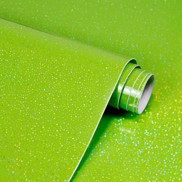 Imagem de Papel de parede verde descascar e colar papel de contato brilhante 60 cm x 1,198 cm papel de contato com glitter moderno autoadesivo removível com pontos brilhantes para bancadas, prateleiras, gavetas