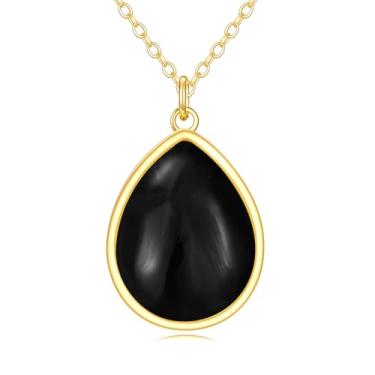 Imagem de KECHO Colar feminino de ouro maciço 14K com pedra da lua, arco-íris, lágrima, turquesa, ônix preto, pingente, brincos de pedra da lua, joias, presente de aniversário e Natal para mães e amigas, 20