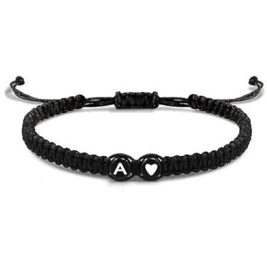 Imagem de Pulseira com inicial para mulheres, joias da amizade, corda trançada preta, cordão ajustável, coração, charme, presente de casal, Medium, Latão, Sem Pedra Preciosa