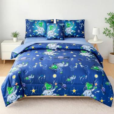 Imagem de Conjunto de edredom casal para meninos – cama de dinossauro astronauta, cama espacial de 6 peças em uma bolsa com lençóis, tema de galáxia para decoração de quarto de crianças, presente lavável na