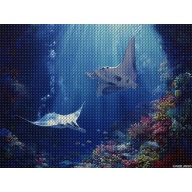 Imagem de UPABLUNSO Pintura de diamante com estampa de arraia marítima, broca redonda, arte de diamante, artesanato para decoração de parede de casa, kit de artesanato de 30 x 40 cm
