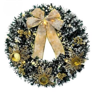 Imagem de Guirlanda de Natal Grande com Pisca-Pisca 48x48cm | Enfeite de Porta Luxo Decoração Natalina Iluminada(1 UNIDADE)