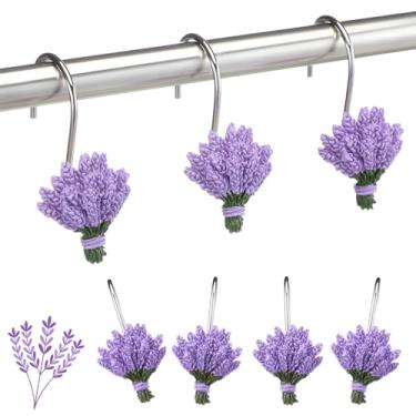 Imagem de Amyhill 12 ganchos decorativos de lavanda para cortina de chuveiro, lavanda, roxo, anéis de cortina de chuveiro, cabide de aço inoxidável, ganchos temáticos florais para decoração de casa de banho