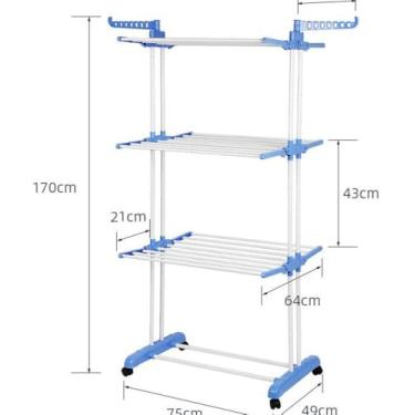 Imagem de Varal de Pé Triplo com Rodinhas, Aço Inox e Polipropileno, Azul, 64x170cm, Dobrável, 3 Andares