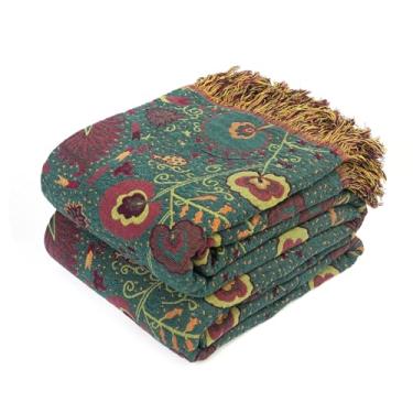 Imagem de Cobertor Boho para cama 100% algodão ultramacio colcha rústica decoração de casa de fazenda cobertor de outono, manta rústica para todas as estações para sofá cadeira (flor-verde escuro, 152 cm ×