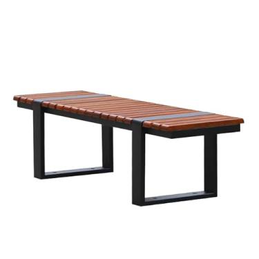 Imagem de NRNQMTFZ Banco de jardim ao ar livre, madeira maciça, banco moderno de metal de aço inoxidável, assento de ripas, à prova de intempéries, para jardim de parque, pátio, deck gramado (tamanho: 150 cm/59