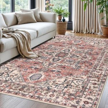 Imagem de KOZYFLY Boho Tapete de área 1,5 x 1,8 m fino lavável para sala de estar, tapete de lã sintética, tapete antiderrapante para entrada, quarto, sala de jantar, sala de estar, terracota/bege