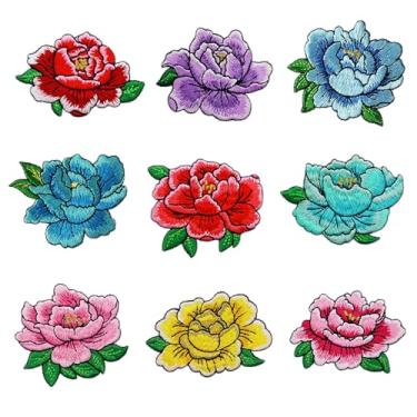 Imagem de Patch de flor de peônia tradicional, 9 peças de cores mistas, lindo, clássico, chinês, rosa, ferro, bordado para meninas, jaqueta, jeans, mochilas