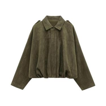 Imagem de Jaqueta Bomber Feminina De Camurça Manga Longa Gola Dobrável Vintage S