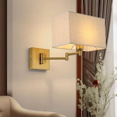 Imagem de LED Lâmpada de parede interna dobrável extensível braço giratório moderno iluminação de parede de metal com sombra de tecido lâmpadas de parede de cabeceira para sala de estar escada quarto (quadrado