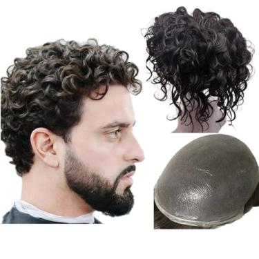 Imagem de Peruca masculina Toupee para cabelo humano Sistema de substituição de cabelo ondulado espanhol de 10 mm em tamanho de base de 25 x 20 cm de comprimento Vloop 0,04 mm PU unidades de prótese de cabelo