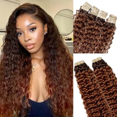 Imagem de Extensões de cabelo humano com fita balayage de 55 cm para mulheres, 2 tons, ombré, nº 4, marrom chocolate a nº 30, marrom avermelhado, ondulado, remy cabelo PU trama adesiva em extensões 50 g, 20