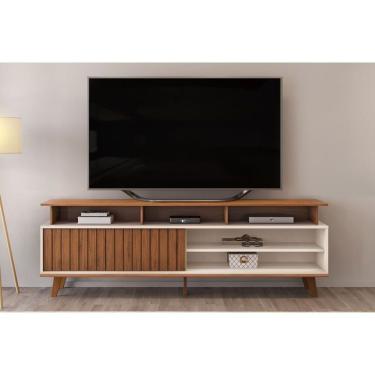 Imagem de Rack Bancada p/TV até 70 Polegadas Flow Ripado c/ Nichos e Pés 180x60cm Freijó/Off White - DJ Móveis