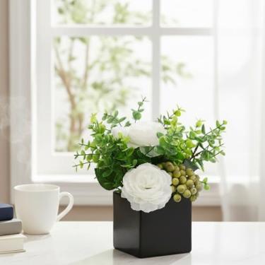 Imagem de LADADA Flores artificiais com vasos quadrados pretos, rosas artificiais em vasos, arranjos de flores falsas de eucalipto, peças centrais de flores artificiais para decoração de casa, decorações de