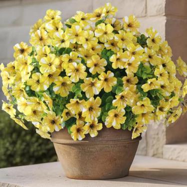 Imagem de GLIDLION 24 pacotes de glória artificial da manhã e eucalipto para ambientes externos, flor de seda falsa realista resistente a UV para decoração de casa de fazenda (amarelo)