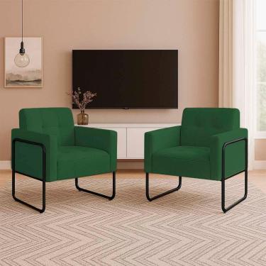 Imagem de Poltrona Sala Industrial Alta Tubo Preto Kit 2 Elisa Suede D03 - D'rossi Cor Verde