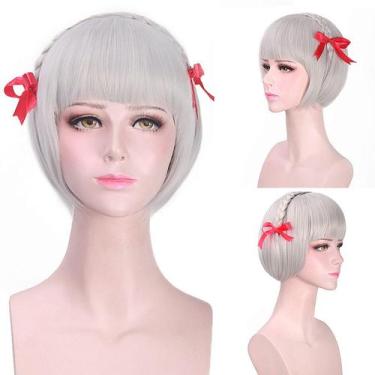 Imagem de Peruca de cosplay de anime curta cinza prateada com franja e trança de