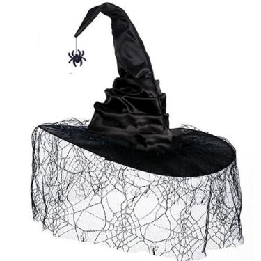 Imagem de Chapéu de bruxa preto com véu de renda de aranha e teia para adulto - 