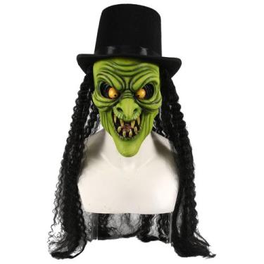 Imagem de Máscara de bruxa verde com cabelo preto encaracolado e cartola 30x32x7