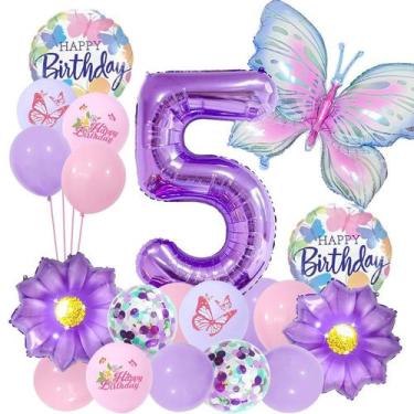 Imagem de Conjunto de balões com tema de flores e borboletas roxas, 5º aniversár