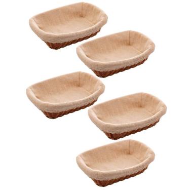 Imagem de 5 Cestos Porta Pão Plástico Rattan com Forro Lyor 24,5x17cm Folhados Bolo Retangular