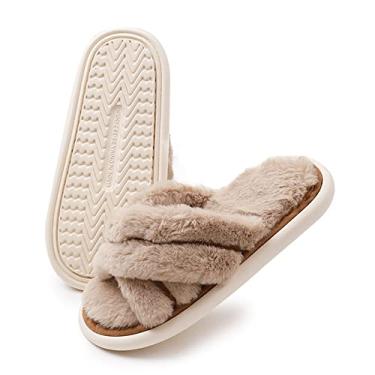Imagem de Pantufas femininas felpudas macias forradas de pelúcia para uso interno ao ar livre aconchegante com espuma de memória chinelos com faixa cruzada para mulheres com bico aberto para sapatos de casa