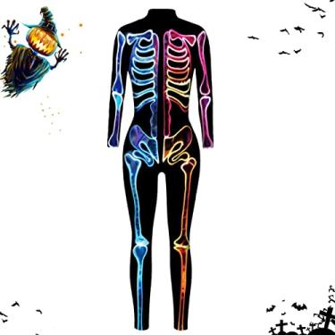 Imagem de Traje de esqueleto para mulheres - Bodysuits de fantasia de cosplay feminino com estampas | Macacão de esqueleto de festa adulto de uma peça para casa,